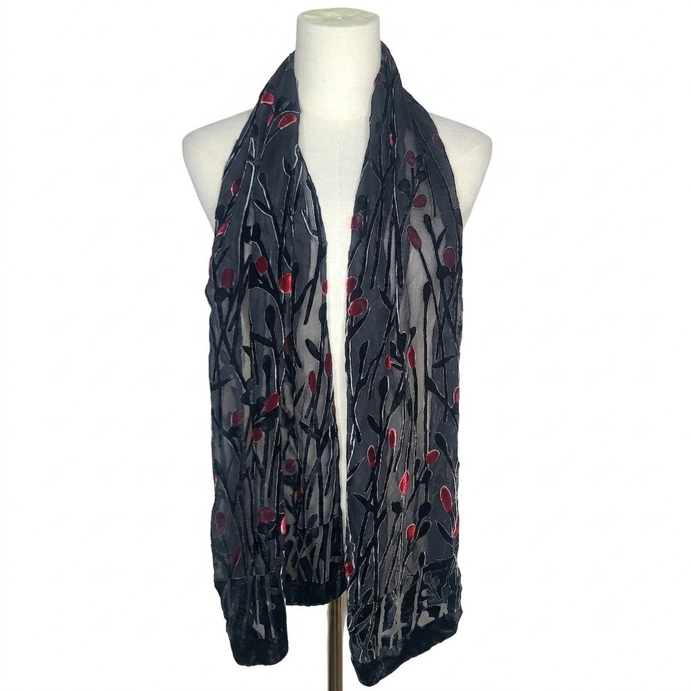 Vintage Silk Velvet Devore Scarf Black‎ Red Floral Burnout Witchy Goth Coquette